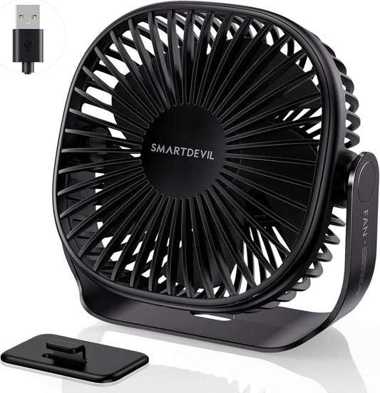 Smartdevil Small USB Desk Fan, 3 Speeds Portable Personal Desktop Table Fan with Pasteable Hook, Dual 360° Adjustment Mini Fan, Quiet Operation, for Home Office Car Outdoor Travel (Black)