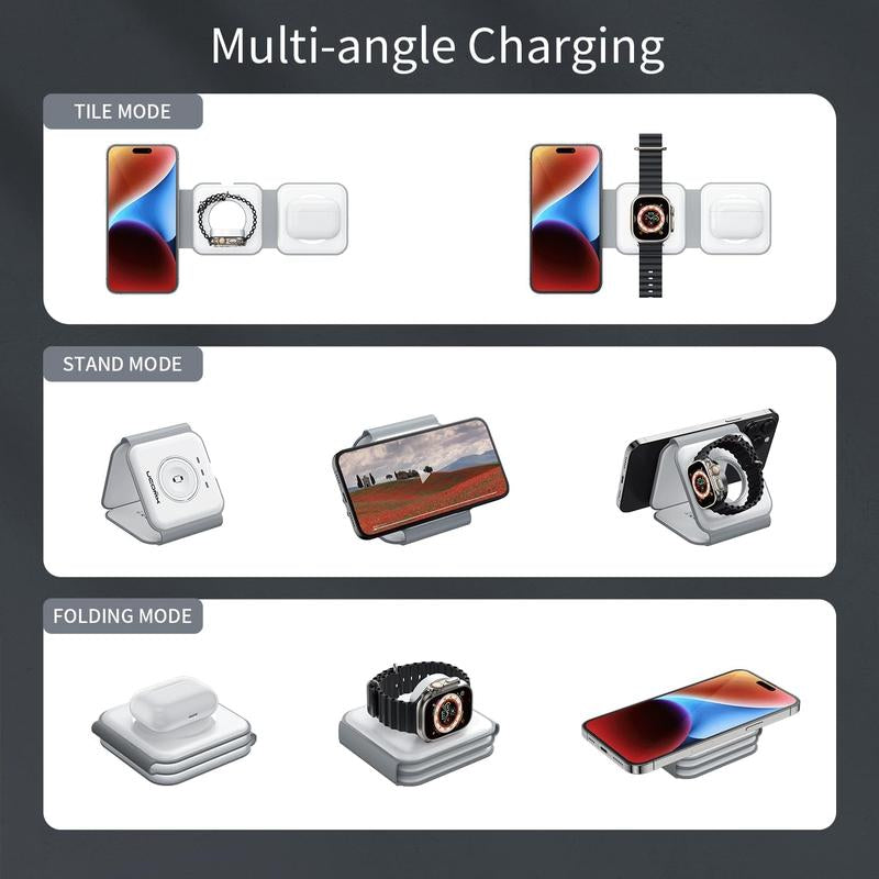 Awwpicks Foldable 3 in 1 Wireless Charging Station, Electronic Wireless Charger for Iphone Airpods Iwatch, Cellphone Christmas Gifts