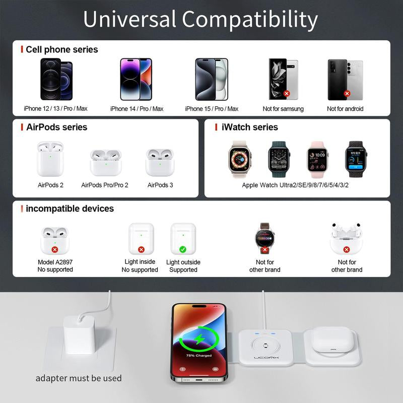 Awwpicks Foldable 3 in 1 Wireless Charging Station, Electronic Wireless Charger for Iphone Airpods Iwatch, Cellphone Christmas Gifts