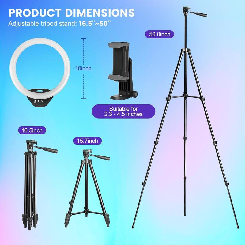 Sensyne 10'' Ring Light with 50'' Extendable Tripod Stand, LED Circle Lights, Compatible with Smartphones, Selfie, Makeup, Youtube, Tiktok