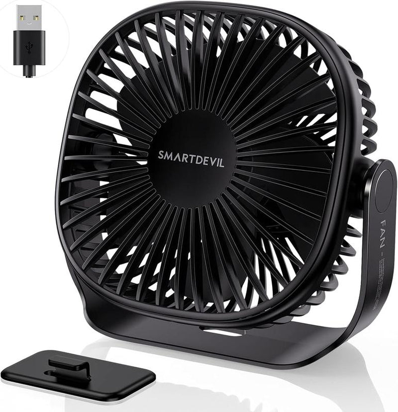 Smartdevil Small USB Desk Fan, 3 Speeds Portable Personal Desktop Table Fan with Pasteable Hook, Dual 360° Adjustment Mini Fan, Quiet Operation, for Home Office Car Outdoor Travel (Black)