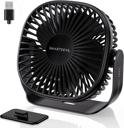 Smartdevil Small USB Desk Fan, 3 Speeds Portable Personal Desktop Table Fan with Pasteable Hook, Dual 360° Adjustment Mini Fan, Quiet Operation, for Home Office Car Outdoor Travel (Black)