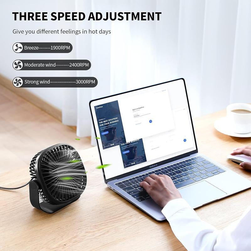 Smartdevil Small USB Desk Fan, 3 Speeds Portable Personal Desktop Table Fan with Pasteable Hook, Dual 360° Adjustment Mini Fan, Quiet Operation, for Home Office Car Outdoor Travel (Black)