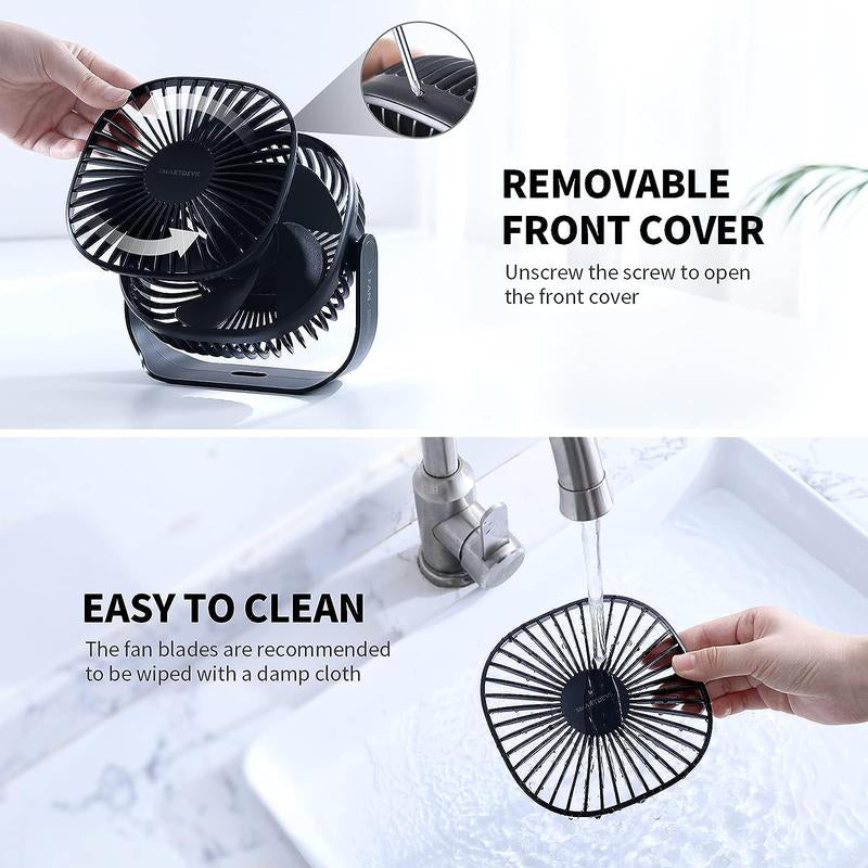 Smartdevil Small USB Desk Fan, 3 Speeds Portable Personal Desktop Table Fan with Pasteable Hook, Dual 360° Adjustment Mini Fan, Quiet Operation, for Home Office Car Outdoor Travel (Black)