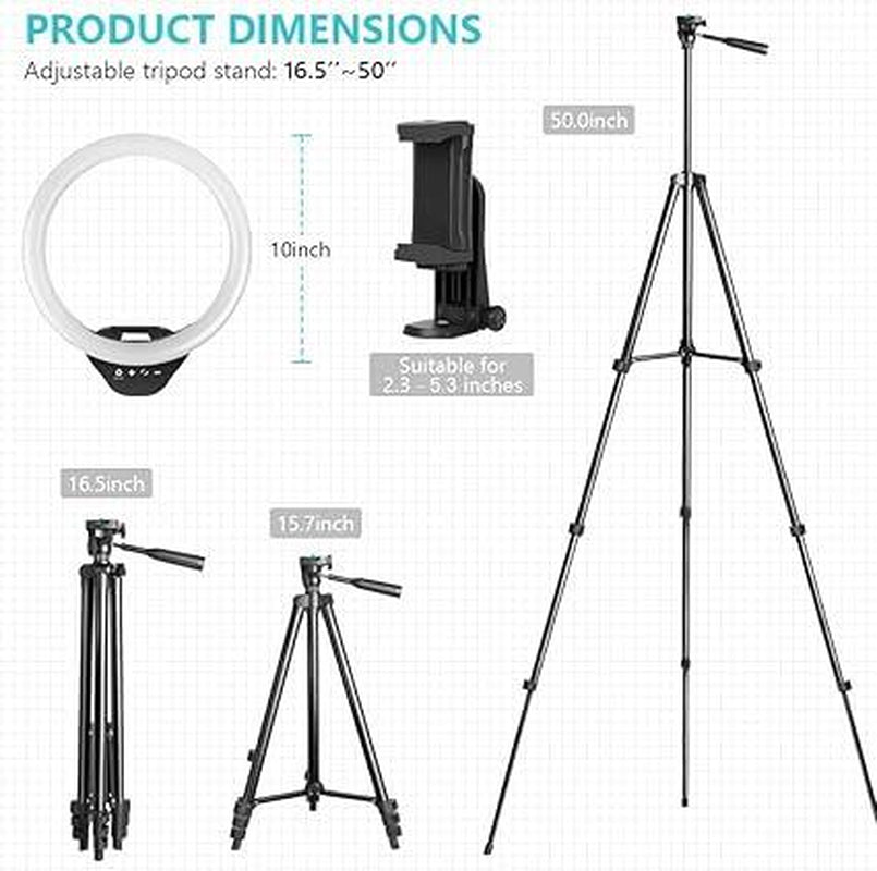 Sensyne 10'' Ring Light with 50'' Extendable Tripod Stand, LED Circle Lights, Compatible with Smartphones, Selfie, Makeup, Youtube, Tiktok